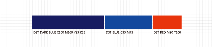 DST DARK BLUE C100 M100 Y25 K25, DST BLUE C95 M75, DST RED M90 Y100